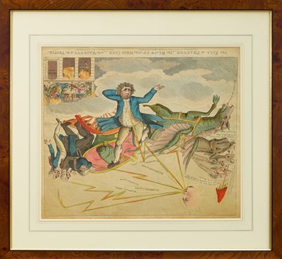 Lot 1010 - Issac Cruikshank (1756-1810) hand coloured etching - 'The Royal Jasey', published Feb. 22nd 1797 by Fores, BM 8988, 36cm x 25.5cm, together with another 'The Fall of Phaeton - The Blow Up of the...