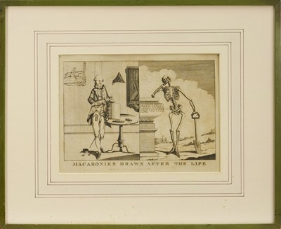 Lot 1012 - Robert Dighton (1752-1814) etching - 'Death and Life Contrasted', 1784, BM 3792, 35cm x 24.4cm, M. Darly etching - 'Macaronies Drawn After The Life', published 1772, 18cm x 24cm and M. Darly 'Th...