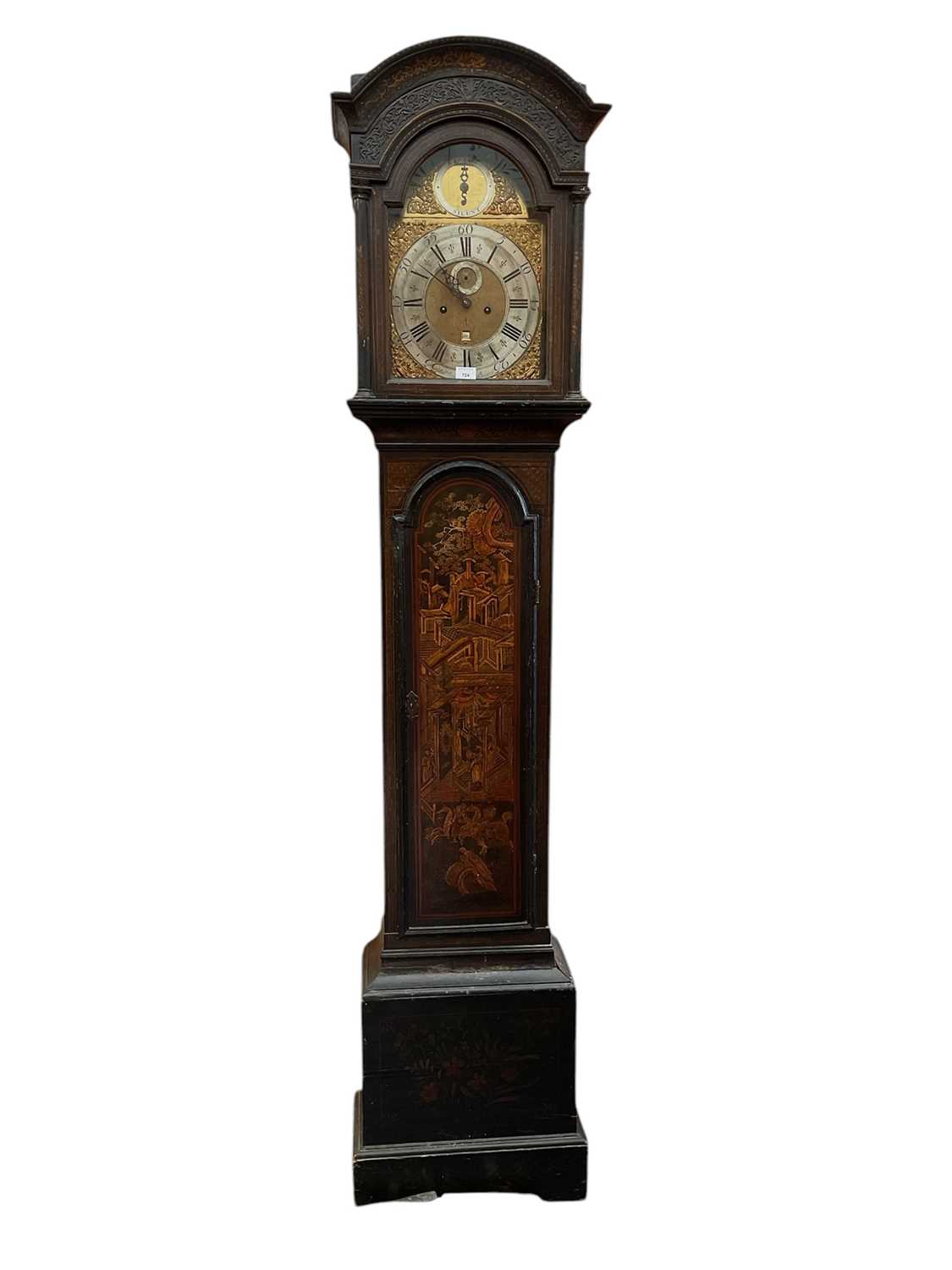 Lot 724 - George III 8 day longcase clock by Robert Rouch, Bristol with gilt and silvered arched dial in fine green chinoiserie lacquered case, pendulum, two weights and key present. 230cm high