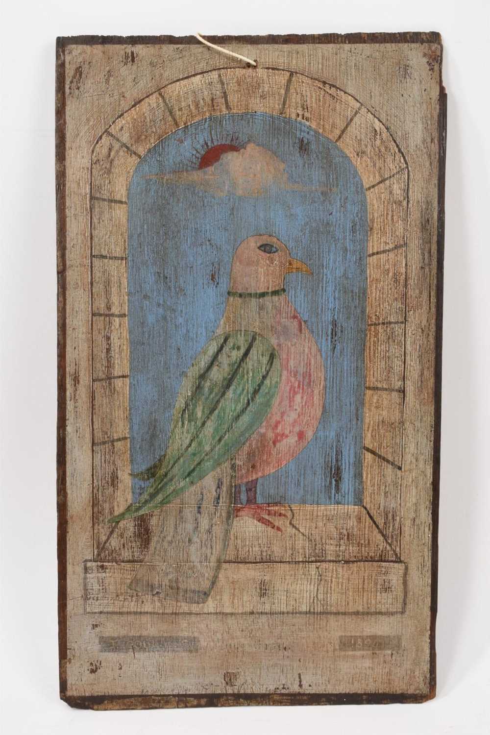 Lot 763 - Late 19th century naive painting on panel of a pigeon, signed and dated 'T Collins 1894', 40 x 22.5cm