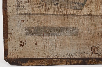 Lot 763 - Late 19th century naive painting on panel of a pigeon, signed and dated 'T Collins 1894', 40 x 22.5cm