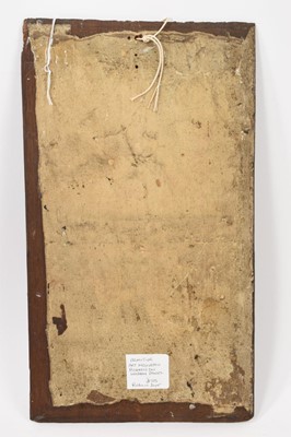 Lot 763 - Late 19th century naive painting on panel of a pigeon, signed and dated 'T Collins 1894', 40 x 22.5cm