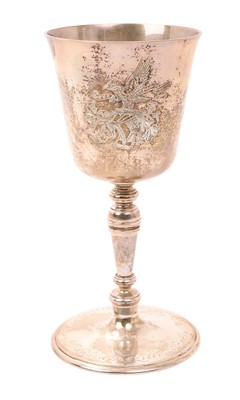 Lot 402 - Contemporary silver cup, with inverted bell shaped bowl and engraved armorial crest