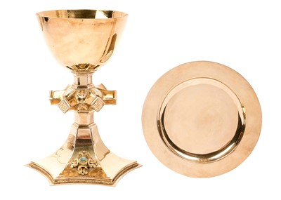 Lot 403 - 18th century Communion set, comprising silver gilt chalice, with intricate knopped stem