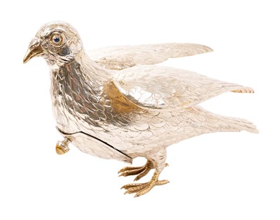 Lot 415 - Early 20th century Continental silver model of a dove, with glass eyes and silver gilt feet
