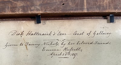 Lot 22 - Emma Russell, 19th century watercolour of Dirk Hatteraick's cave on the coast of Galloway, made famous by Sir Walter Scott, inscriptions verso, 'Given to Fanny Nichols by her beloved friend, Emm...