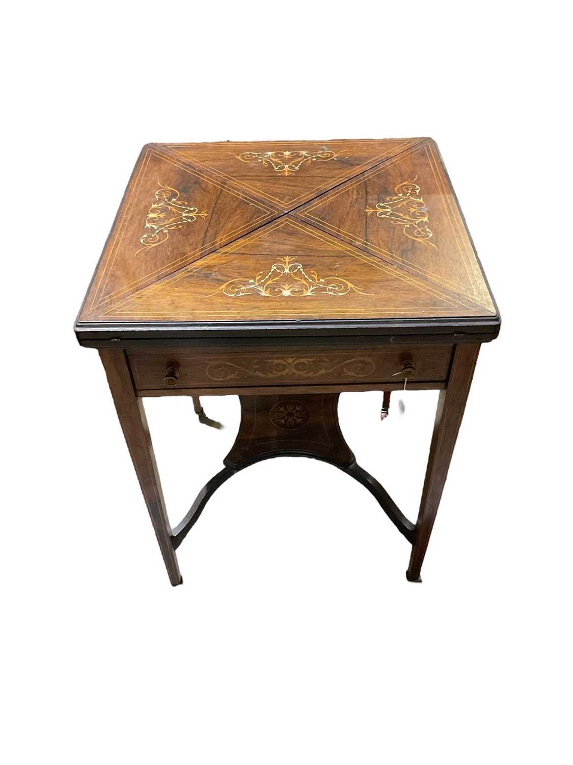 Lot 69 - Late Victorian inlaid rosewood envelope top card table, 55.5cm x 73cm high
