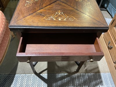 Lot 69 - Late Victorian inlaid rosewood envelope top card table, 55.5cm x 73cm high