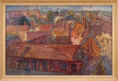 Lot *Mary Millar Watt (1924-2023) oil on canvas - Lavenham Rooftops, signed, 51cm x 76cm, framed