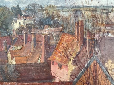 Lot 915 - *Mary Millar Watt (1924-2023) oil on canvas - Lavenham Rooftops, signed, 51cm x 76cm, framed