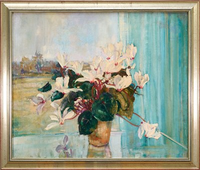 Lot *Amy Millar Watt (1900-1956) oil on canvas laid on board - Still Life Cyclamen, 62cm x 75cm, framed