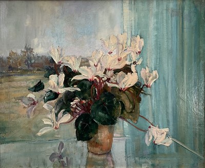 Lot 916 - *Amy Millar Watt (1900-1956) oil on canvas laid on board - Still Life Cyclamen, 62cm x 75cm, framed