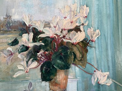 Lot 916 - *Amy Millar Watt (1900-1956) oil on canvas laid on board - Still Life Cyclamen, 62cm x 75cm, framed