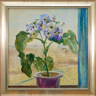 Lot *Amy Millar Watt (1900-1956) oil on canvas laid down onto board, Cinararia on a window sill, Dedham church beyond