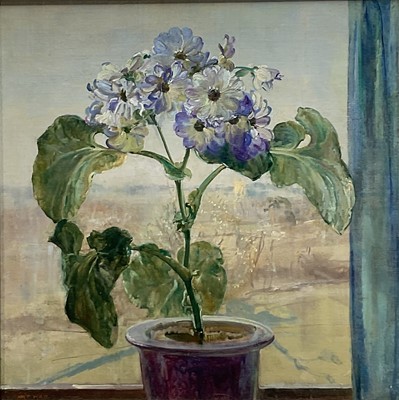 Lot 911 - *Amy Millar Watt (1900-1956) oil on canvas laid down onto board, Cinararia on a window sill, Dedham church beyond