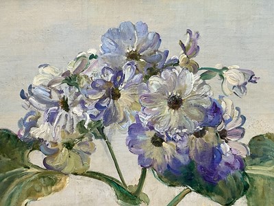 Lot 911 - *Amy Millar Watt (1900-1956) oil on canvas laid down onto board, Cinararia on a window sill, Dedham church beyond