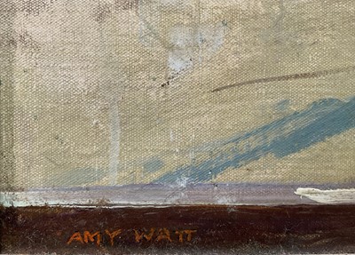 Lot 911 - *Amy Millar Watt (1900-1956) oil on canvas laid down onto board, Cinararia on a window sill, Dedham church beyond