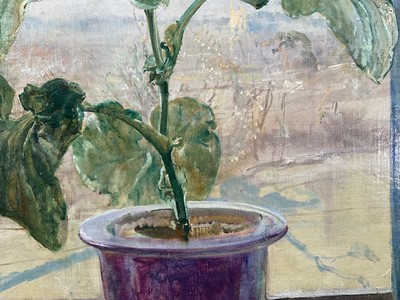 Lot 911 - *Amy Millar Watt (1900-1956) oil on canvas laid down onto board, Cinararia on a window sill, Dedham church beyond