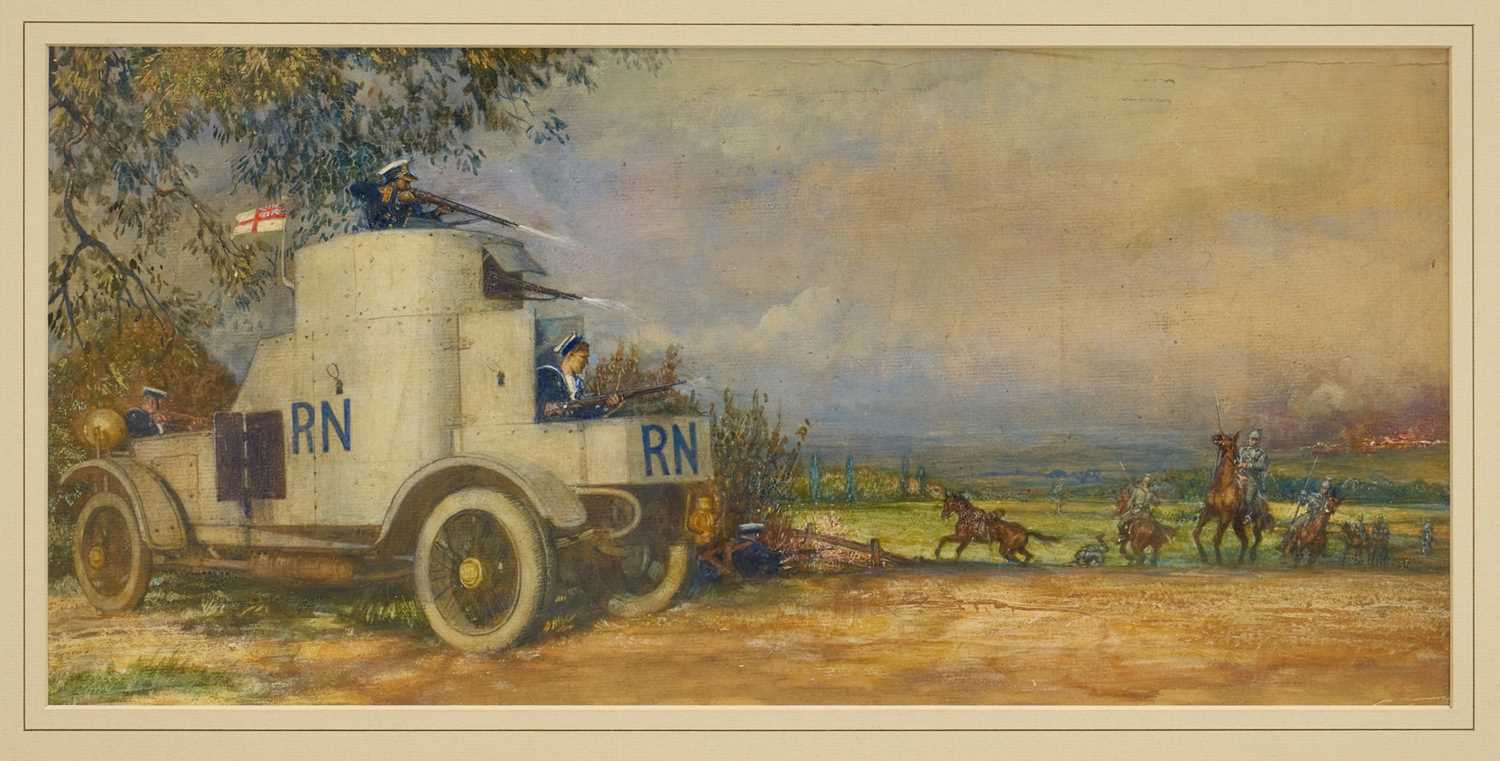 Lot 930 - *John Millar Watt (2895-1975) mixed media, World War I battle scene with armoured car. NB: The armoured car is believed to have been designed by Millar Watt's uncle Alec Watt, a naval architect i...