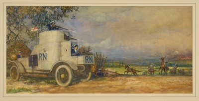 Lot 930 - *John Millar Watt (2895-1975) mixed media, World War I battle scene with armoured car. NB: The armoured car is believed to have been designed by Millar Watt's uncle Alec Watt, a naval architect i...