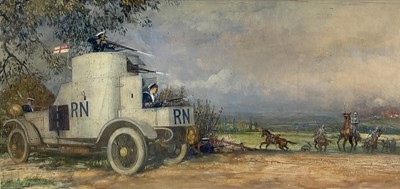 Lot 930 - *John Millar Watt (2895-1975) mixed media, World War I battle scene with armoured car. NB: The armoured car is believed to have been designed by Millar Watt's uncle Alec Watt, a naval architect i...
