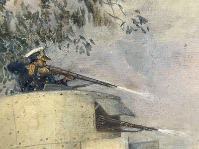 Lot 930 - *John Millar Watt (2895-1975) mixed media, World War I battle scene with armoured car. NB: The armoured car is believed to have been designed by Millar Watt's uncle Alec Watt, a naval architect i...