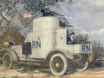 Lot 930 - *John Millar Watt (2895-1975) mixed media, World War I battle scene with armoured car. NB: The armoured car is believed to have been designed by Millar Watt's uncle Alec Watt, a naval architect i...