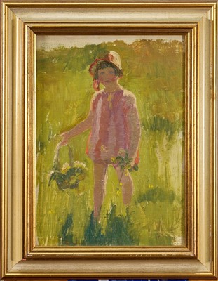 Lot 918 - *Amy Watt (1900-1956) oil on board - 'Mary in her pink bonnet, aged 5, 1929', inscribed verso, 27cm x 19cm, in gilt frame