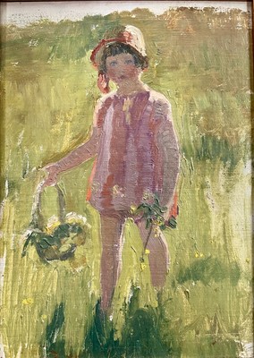 Lot 918 - *Amy Watt (1900-1956) oil on board - 'Mary in her pink bonnet, aged 5, 1929', inscribed verso, 27cm x 19cm, in gilt frame