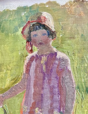 Lot 918 - *Amy Watt (1900-1956) oil on board - 'Mary in her pink bonnet, aged 5, 1929', inscribed verso, 27cm x 19cm, in gilt frame