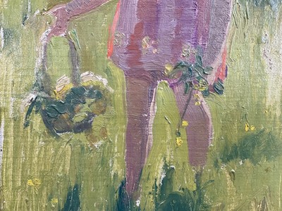 Lot 918 - *Amy Watt (1900-1956) oil on board - 'Mary in her pink bonnet, aged 5, 1929', inscribed verso, 27cm x 19cm, in gilt frame
