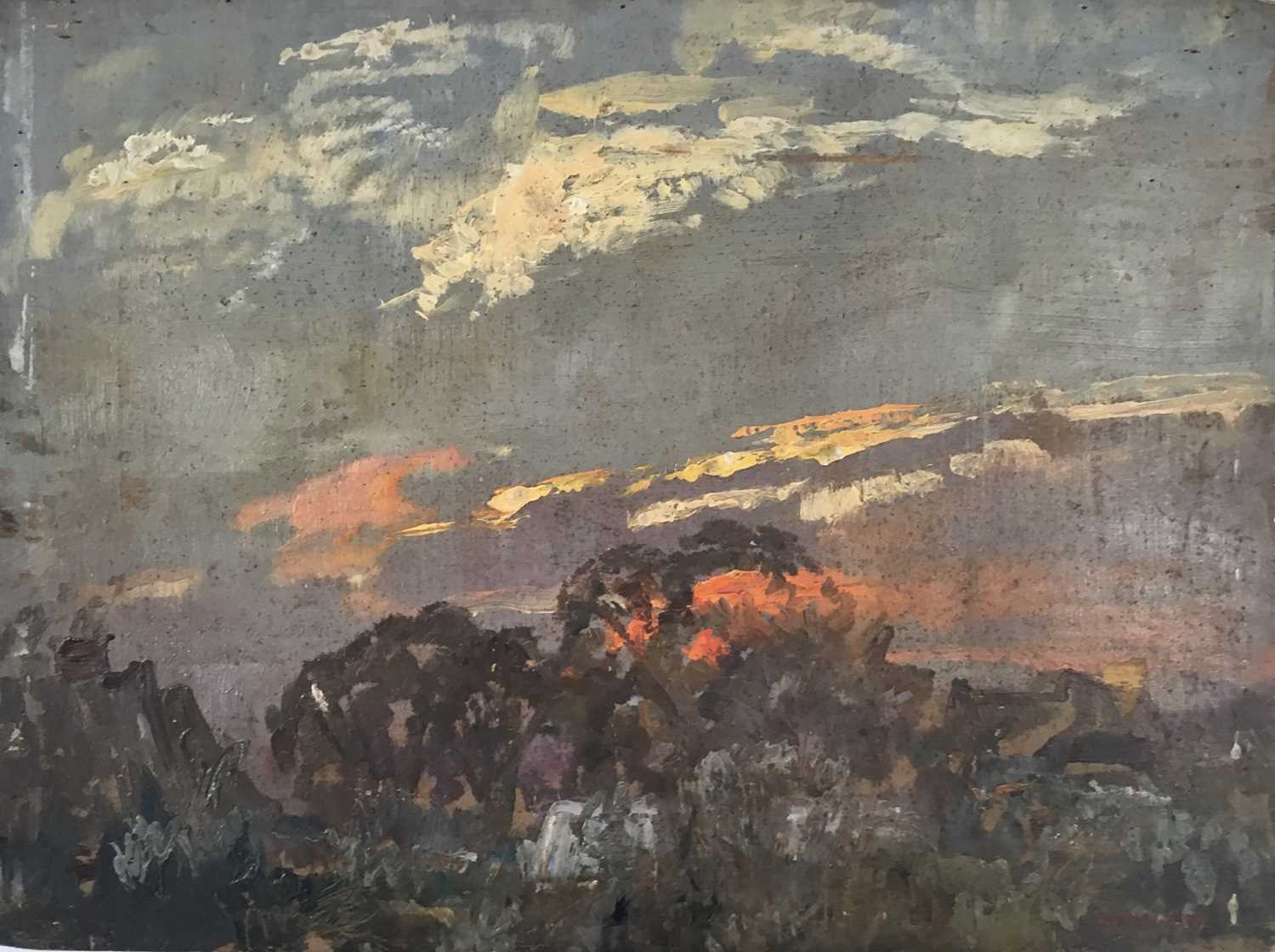 Lot 928 - *Amy Millar Watt (1900-1956) oil on panel - Fiery sky over Carbis Bay, St Ives, together with three further oil sketches by the same hand