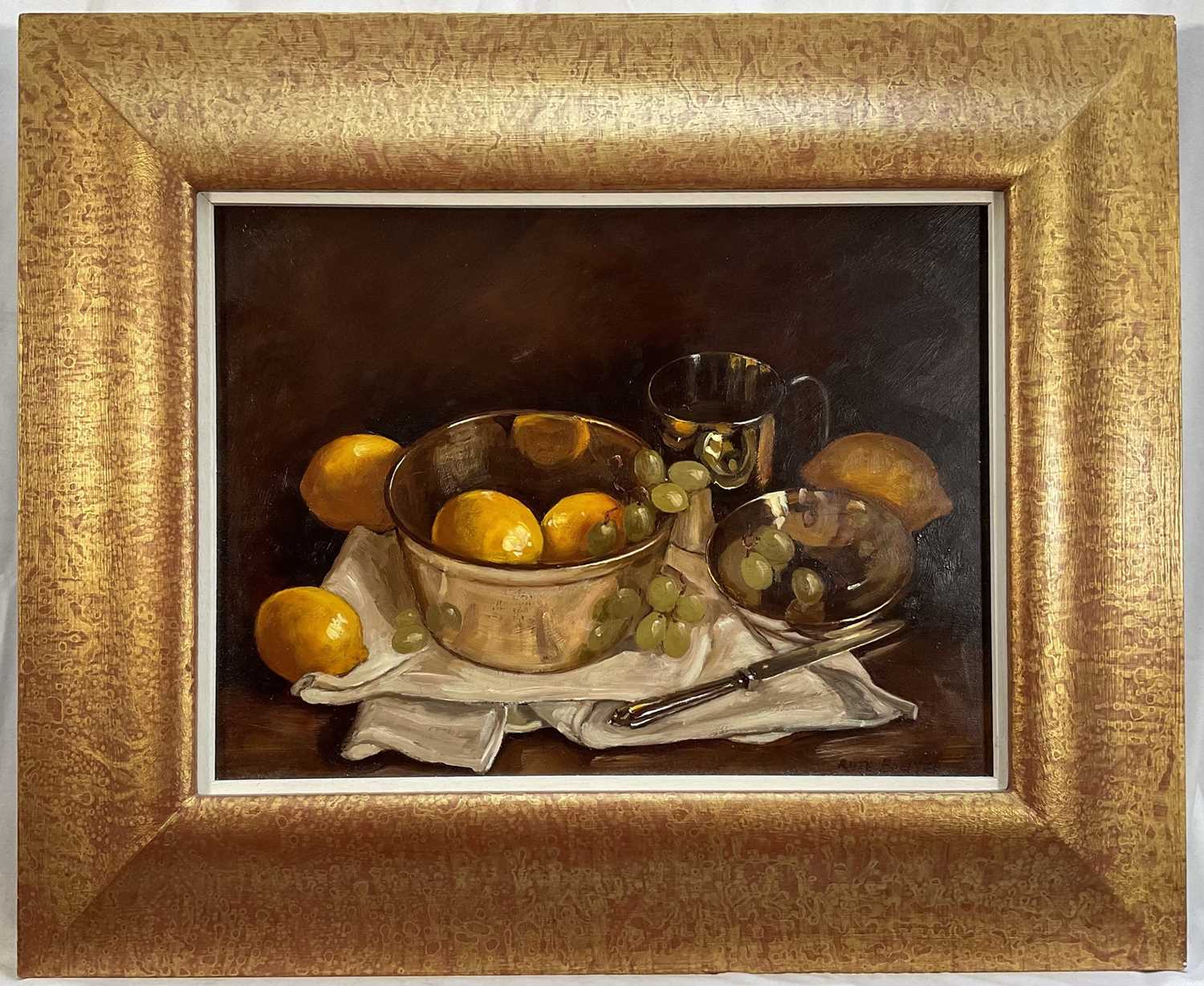 Lot 17 - Ruth Bowyer, contemporary, oil on board - Still Life Grapes and Lemons, 29cm x 39.5cm, signed, in gilt frame