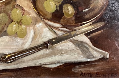 Lot 17 - Ruth Bowyer, contemporary, oil on board - Still Life Grapes and Lemons, 29cm x 39.5cm, signed, in gilt frame
