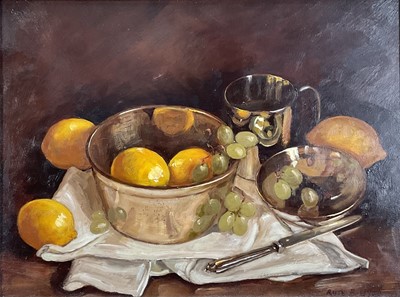 Lot 17 - Ruth Bowyer, contemporary, oil on board - Still Life Grapes and Lemons, 29cm x 39.5cm, signed, in gilt frame