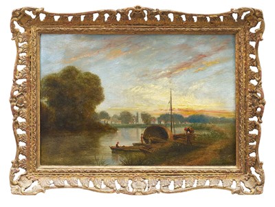 Lot 1162 - Norwich School, early 19th century, oil on panel - Figures loading a Barge, in gilt frame