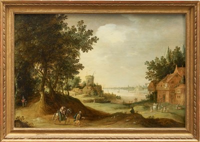 Lot 1152 - Attributed to Claesz Dircksz Van Der Heck (1571-c.1650) oil on panel – Harbour Town with figures before a Tavern, indistinctly signed, dated 1693, 30cm x 45cm, in gilt frame