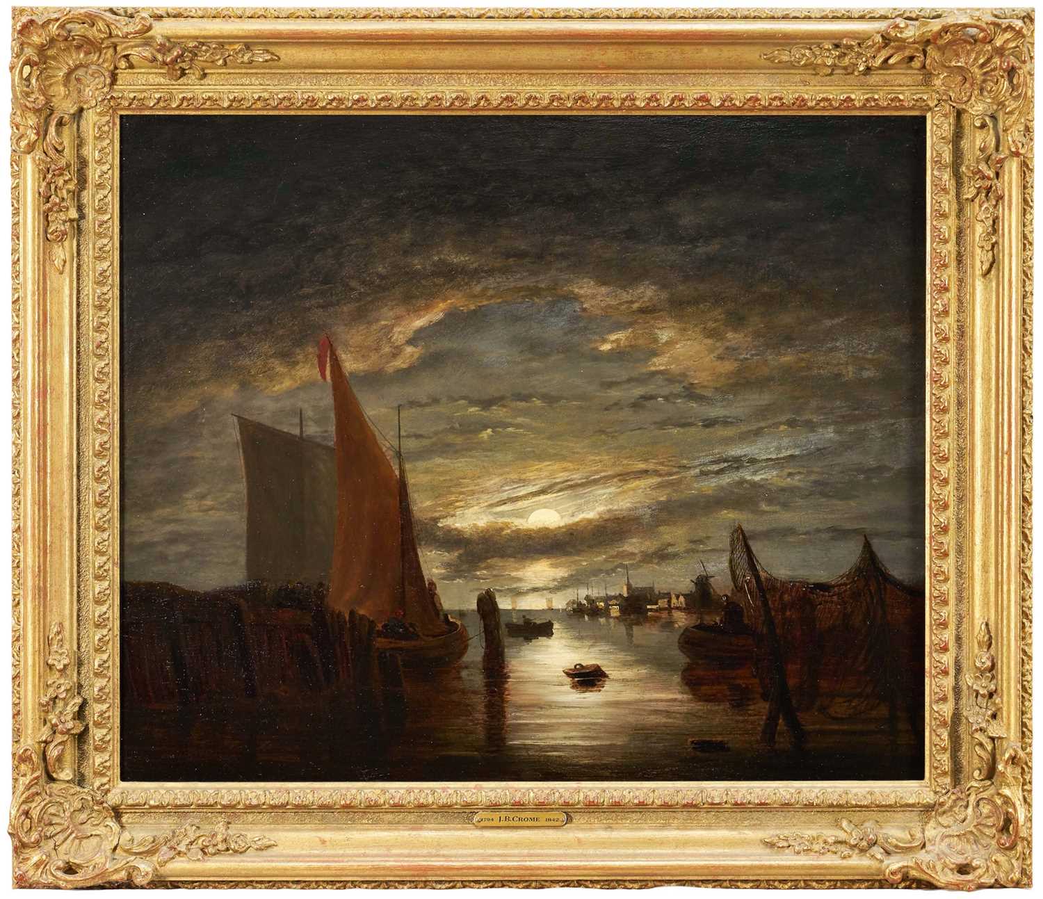 Lot 1151 - John Berney Crome (1794-1842) oil on panel - Moonlit Estuary, 38cm x 46cm, in gilt frame