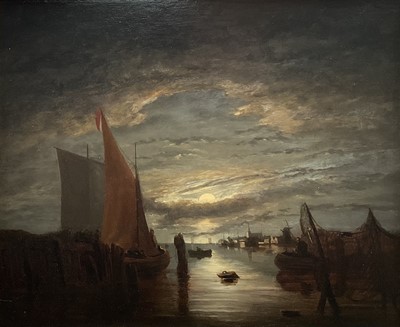 Lot 1151 - John Berney Crome (1794-1842) oil on panel - Moonlit Estuary, 38cm x 46cm, in gilt frame