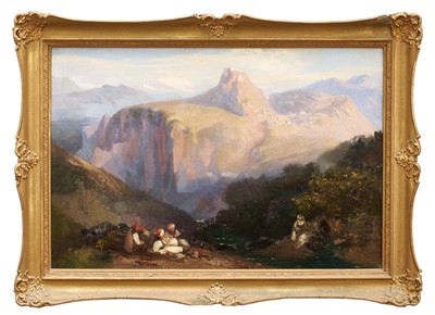 Lot 1171 - Attributed to James Duffield Harding (1796-1863) oil on canvas - Figures in an Italian Landscape, 38cm x 56cm, in gilt frame