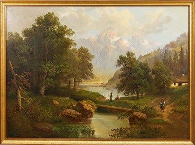 Lot 1165 - A. Melzer, 19th century, oil on canvas - Swiss Mountain Landscape, in gilt frame