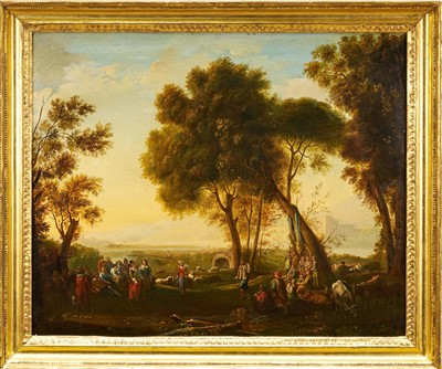 Lot 1190 - Follower of Claude Lorraine (1600-1682) oil on canvas - Figures gathered in woodland, an extensive landscape beyond