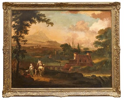 Lot 1150 - Manner of Philips Koninck (1619-1688) oil on canvas - Capriccio with the Good Samaritan, 82.5cm x 105cm, in gilt frame
