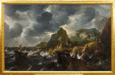 Lot 1164 - Attributed to Jan Abrahamsz Beerstraaten (1622-1666) oil on canvas – Shipwrecks off the Coast, initialled J.B, 76cm x 121cm, in gilt frame