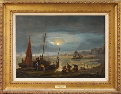 Lot 1168 - Circle of Thomas Luny (1759-1837) oil on panel - Fishermen unloading by Moonlight, in gilt frame