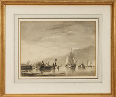 Lot 1167 - Richard Henry Nibbs (1816-1893) monochrome pencil, pen, ink and wash - Fishing Barges, signed, 24cm x 32cm, in glazed gilt frame