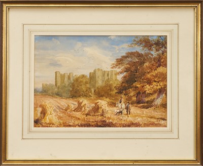Lot 1173 - Circle of David Cox (1783-1859) watercolour - Hayfield with a ruined castle beyond, bearing signature, in glazed gilt frame