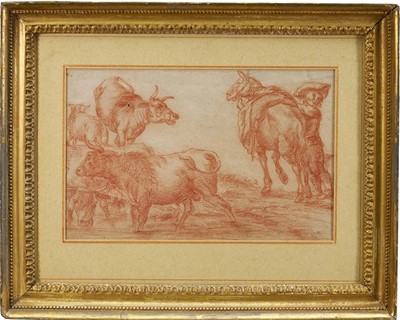 Lot 1154 - Attributed to Cornelis Pietersz Bega (c.1620-1664) red chalk sketch of cattle and a donkey, 17cm x 27cm, in glazed gilt frame