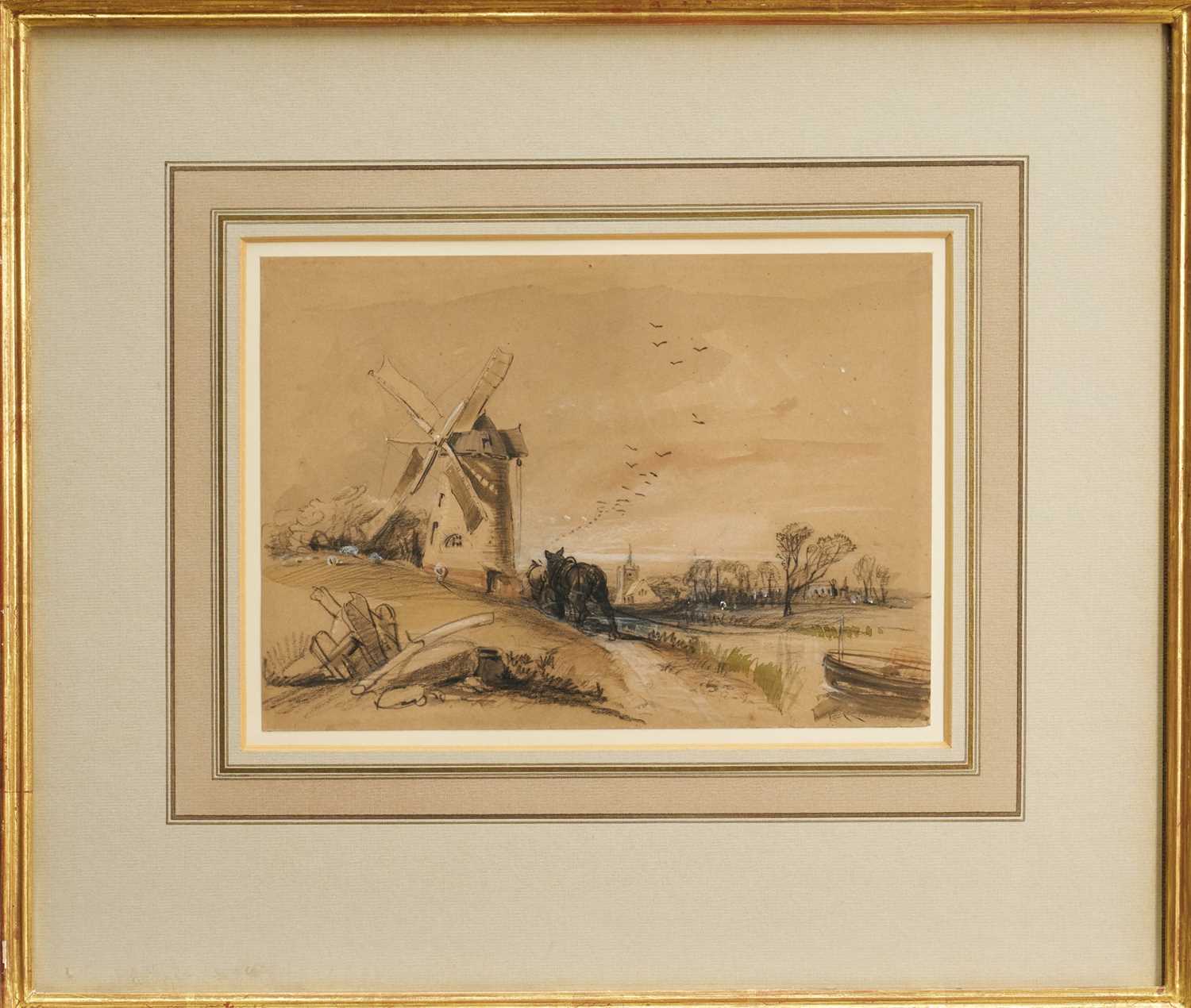 Lot 1203 - Henry Bright (1810-1873) ink, wash and black chalk heightened with white - Barge Horses before a Windmill