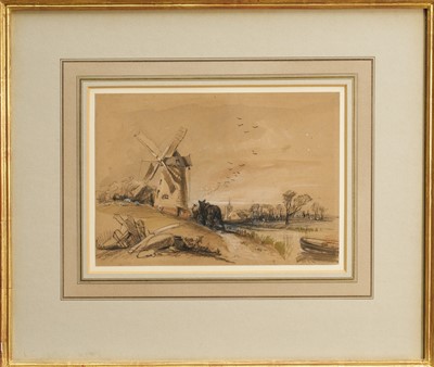 Lot 1203 - Henry Bright (1810-1873) ink, wash and black chalk heightened with white - Barge Horses before a Windmill